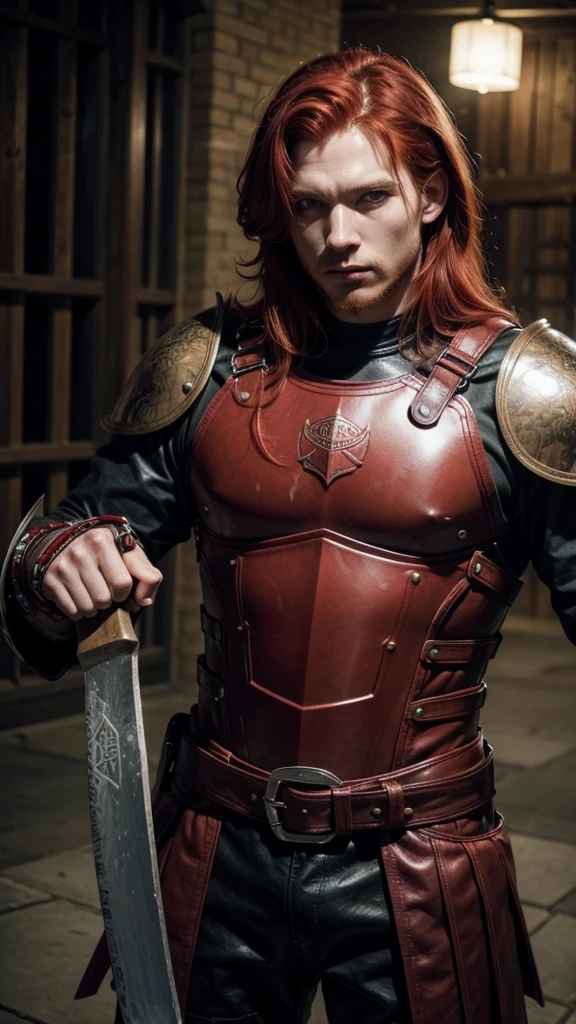 Red haired man in leather armor holding large ax