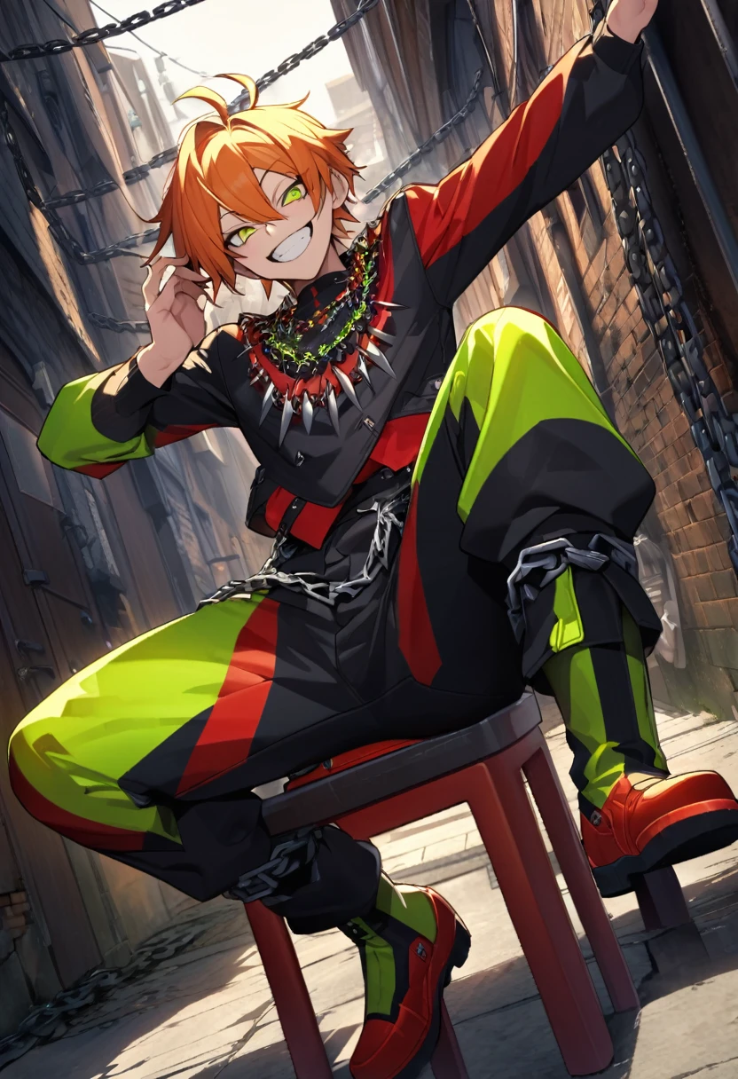 Orange Hair、Yellow-green eyeale、Tall、Black clothing、Chain of chains、Long sleeves and pants、Red Mesh、Dark Back Alley、Smiling with teeth showing、Bad face、Put your feet on the stool、Cool angle、Red Meshの入った服装、Flashy clothing、Fancy Necklace、