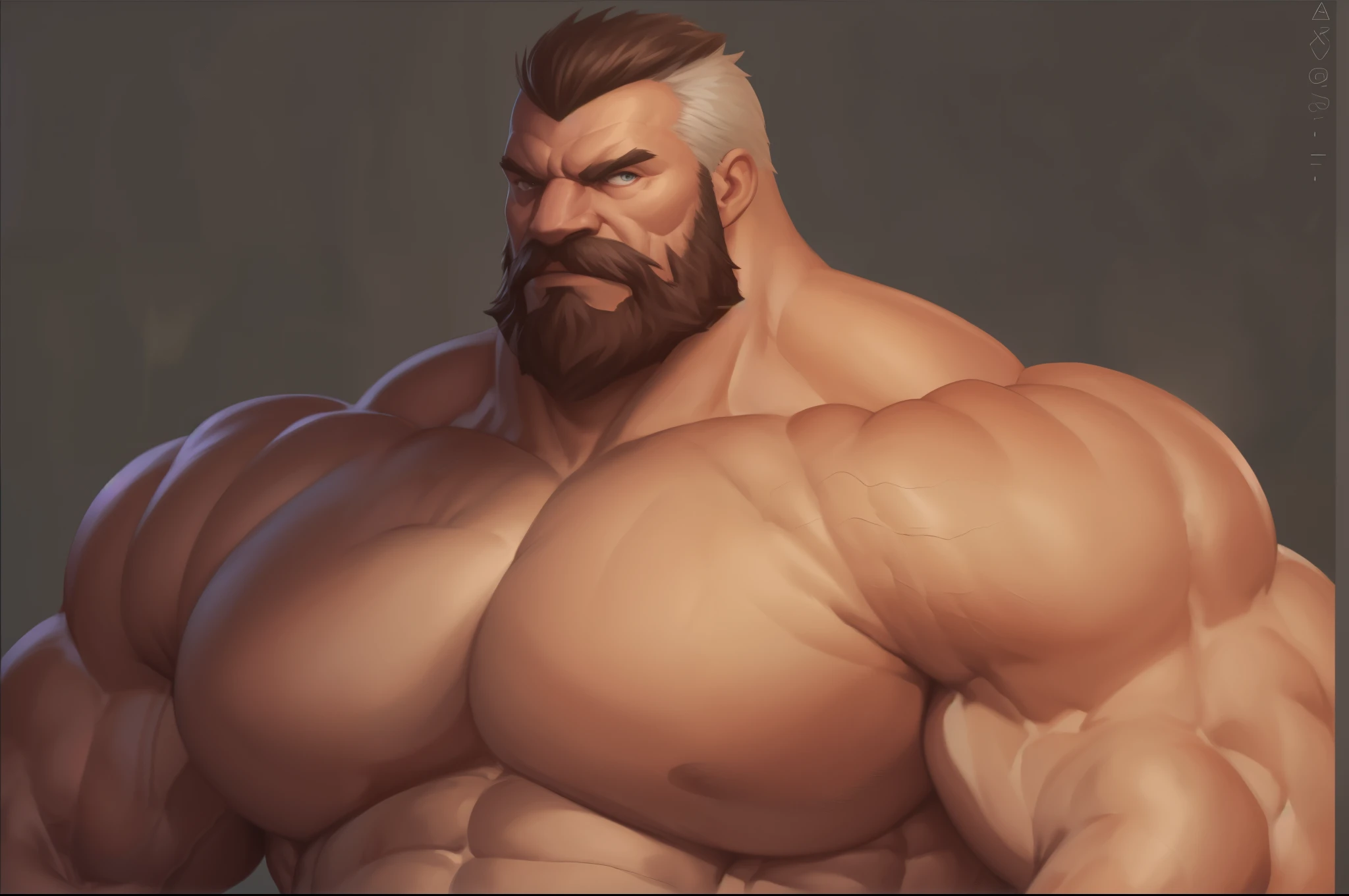 solo, 1boy, perfect anatomy, perfect proportion. Huge Muscular Old man, mad, looking to viewer, pectoral, thick arms, huge pectoral, wide pectoral, short white hair, red beard and hair, simple background, masterpiece, realistic:1.2, high detailed, 8k, high resolution, perfect center, full view. ((really big muscle, massive muscular, sixpack, thick arms, wide pectoral, super huge muscle, hyper muscular, over sized muscle, huge arms, big arms, huge pectoral))