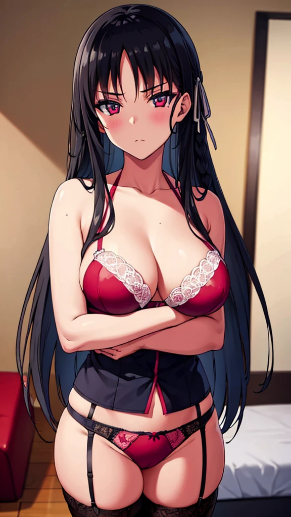 (masterpiece:1.3), (best quality:1.2)(8k, ultra detailed, ultra high res:1.3), ((anime style)), perfect 5 fingers, perfect anatomy,
1girl,
BREAK long hair, braid, black hair, 
red eyes, (beautiful detailed eyes:1.2)
BREAK medium breasts, pink lingerie,lace-trimmed bra, (garter belt:1.3), thighhighs, cleavage, side-tie panties,(special occasion thong panties:1.3),  armpits, 
BREAK blush, looking at viewer, cowboy shot, indoor, on the bed, 