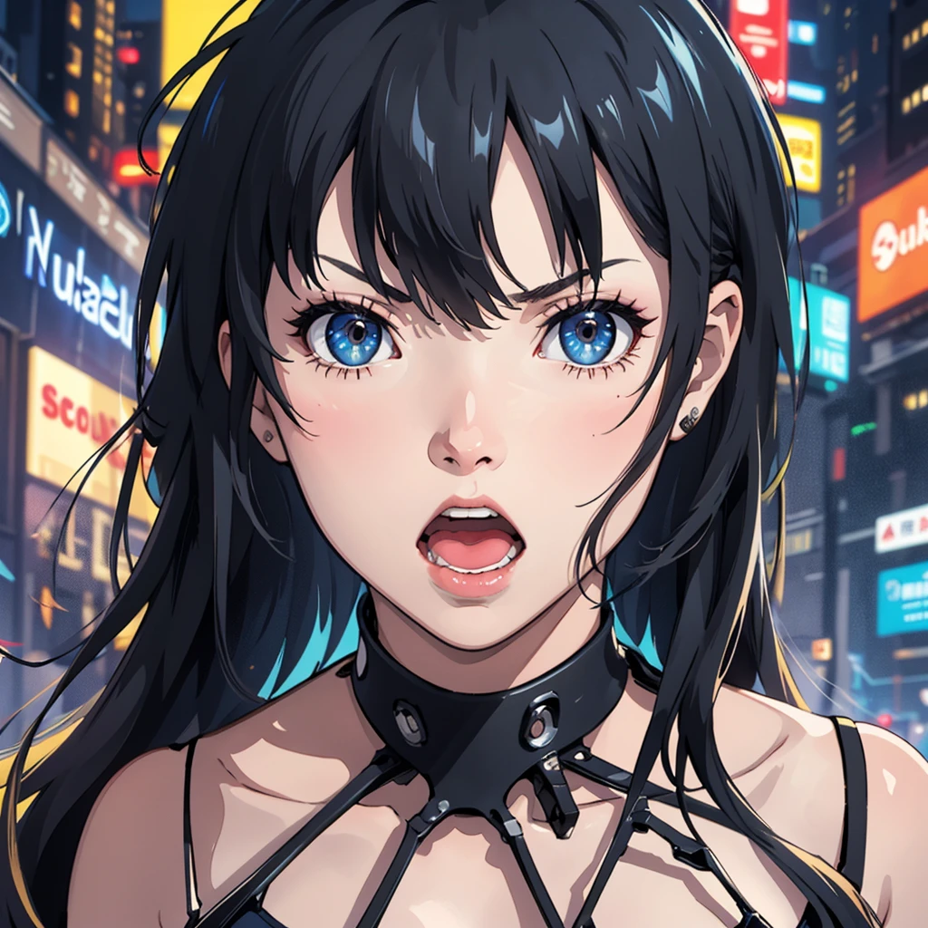 (Better Quality, masterpiece) | 遠くを睨むbeautiful目、woman、1people、Screaming、Bust-up angle、anger、Aggressive gaze、cyberpunk style clothing、Rock singer、Exciting、Darkness and fluorescent light lines、Shibuya in the near future、finely、masterpiece、Fine details、delicate、Bold、high resolution、8K、beautiful