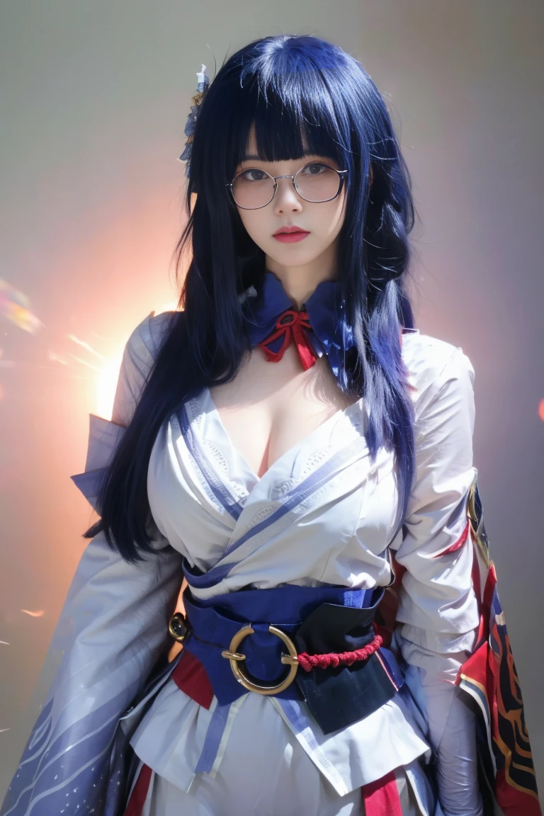 best quality, tmasterpiece,Ultra-high resolution,Clear face,(Reality:1.4),ferpect lighting,(upper body photo), (photorealistic:1.50), anime wallpaper, Guviz style artwork, cover-up fantasy up to magic , by Yang J, Guviz, beautiful artwork illustration, beautiful digital artwork, beautiful digital illustration, Li Song, beautiful anime portrait, art style in Beauvot, Raiden General Fine clothes White clothes Blunt bangs Braided (mid-chest: 1.4) cleavage Wide sleeve kimono Hair accessories Day clothes (Red belt: 1.4) (light purple hair: 1.4) Very long hair, straight hair, delicate face, cold face, (smooth chin: 0.85), looking at the audience, beautiful eyes, (Glasses), (Wearing glasses), detailed eyes, skirt, (sunset: 1.4), from the side, (((close-up to face))),bright lighting, front lighting, face shooting, super Giant breast:1.3,