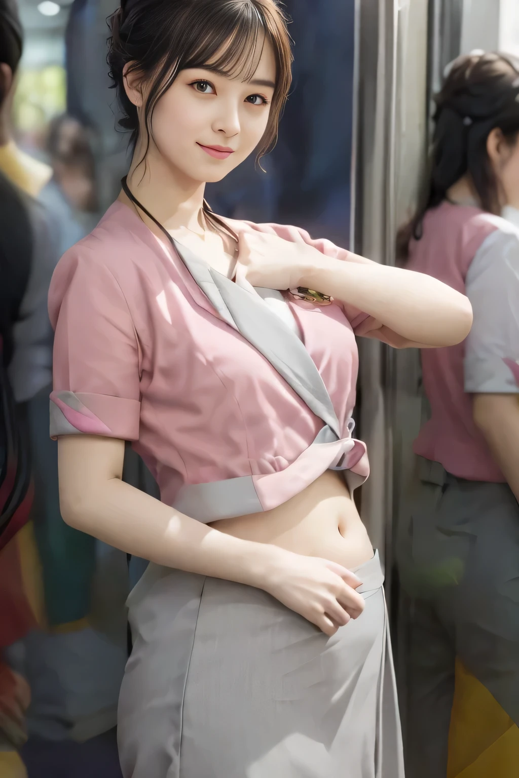 Showing your belly button、(masterpiece:1.2, Highest quality:1.2), 32k HDR, High resolution, (alone、1 girl)、 (Height: 160cm)、（On the rooftop of a building in the daytime、Professional Lighting）、Building rooftop background、（Nankai train crew uniform pinkを着たリアルスタイル）、（Nankai train crew uniform pink short sleeve collarless pink jacket、Nankai Train Crew Uniform Pink Collarless Short Sleeve Blouse、Nankai Train Crew Uniform Pink Grey Knee-length Culottes）、（The pink jacket is showing from the culottes.）、Dark brown hair、（Hair tied up、Hair tied up、Evening curly hairstyle）、Dark brown hair、Long Shot、Big Breasts、Thin legs、（（Great hands：2.0）），（（Harmonious body proportions：1.5）），（（Normal limbs：2.0）），（（Normal finger：2.0）），（（Delicate eyes：2.0）），（（Normal eyes：2.0））)、smile、（Nankai Train Crew Uniform Pink Grey Knee-length Culottesを見せた美しい歩く姿）、Place your hands around your stomach