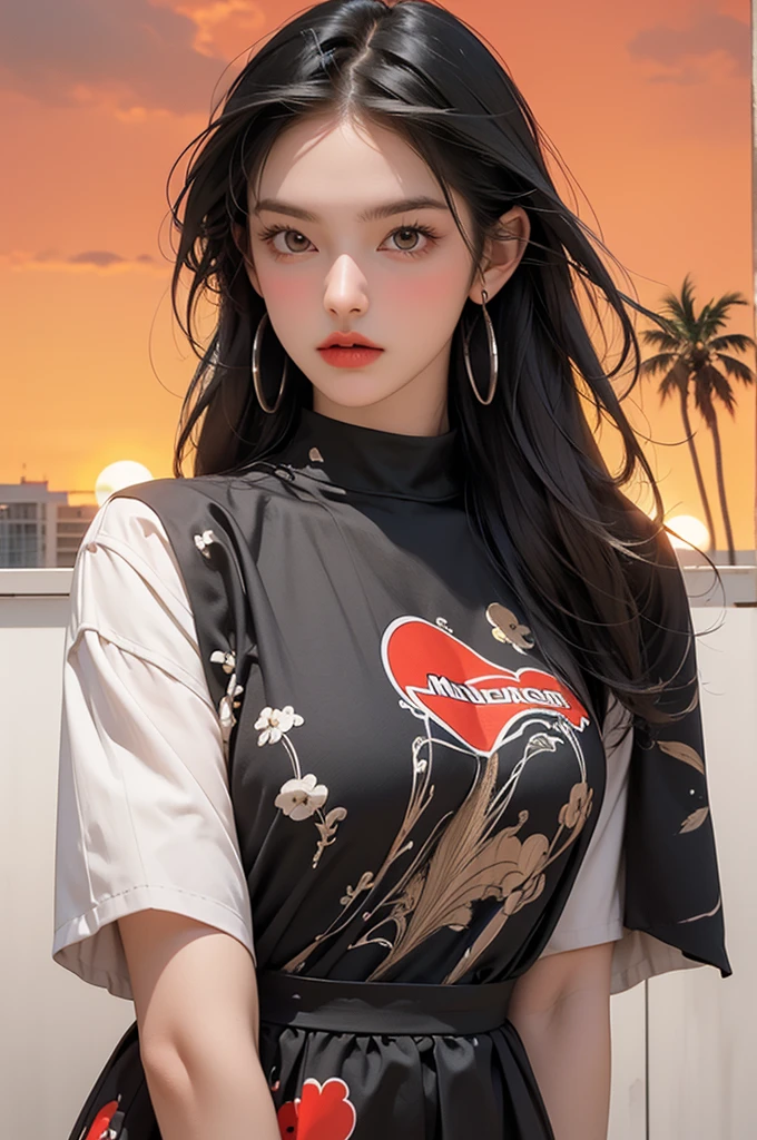retro girl, Miami, sunset, ferrari, palm tree, The 90s, (flat colors, Smooth texture, line art:1.2), graphic design, (Heavy ink, black ink),