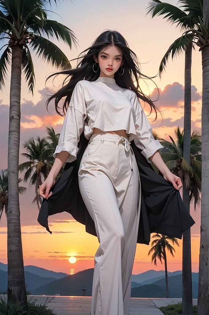 retro girl, Miami, sunset, ferrari, palm tree, The 90s, (flat colors, Smooth texture, line art:1.2), graphic design, (Heavy ink, black ink),