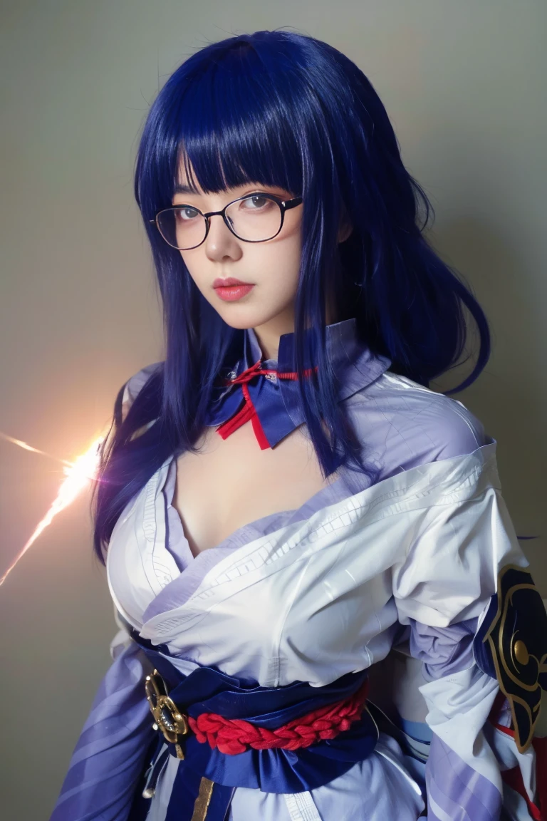 best quality, tmasterpiece,Ultra-high resolution,Clear face,(Reality:1.4),ferpect lighting,(full body photo), (photorealistic:1.50), anime wallpaper, Guviz style artwork, cover-up fantasy up to magic , by Yang J, Guviz, beautiful artwork illustration, beautiful digital artwork, beautiful digital illustration, Li Song, beautiful anime portrait, art style in Beauvot, Raiden General Fine clothes White clothes Blunt bangs Braided (mid-chest: 1.4) cleavage Wide sleeve kimono Hair accessories Day clothes (Red belt: 1.4) (light purple hair: 1.4) Very long hair, straight hair, delicate face, cold face, (smooth chin: 0.85), looking at the audience, beautiful eyes, (Glasses), (Wearing glasses), detailed eyes, skirt, (sunset: 1.4), from the side, (((close-up to face))),bright lighting, front lighting, face shooting, super Giant breast:1.3,