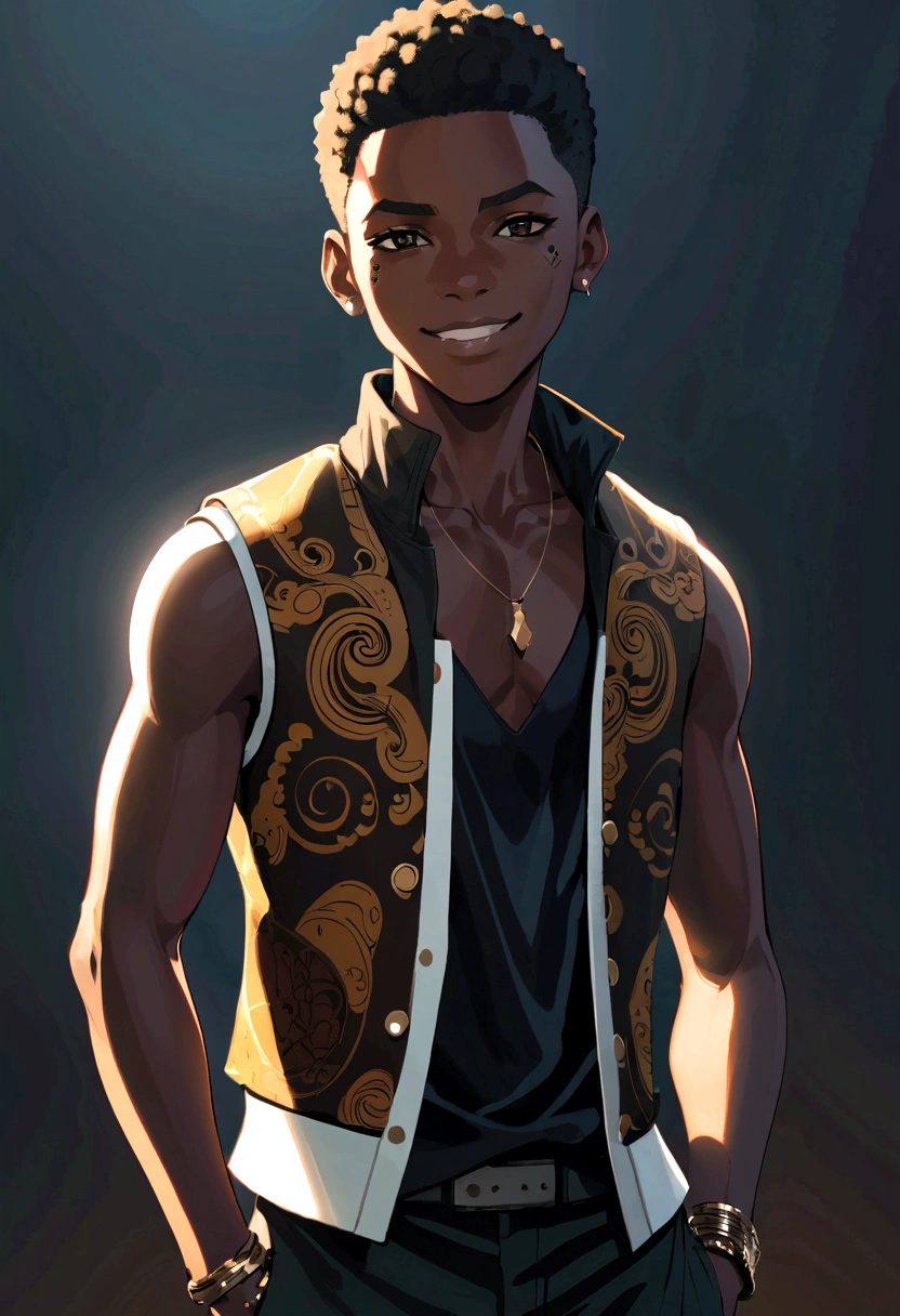 African boy full body in anime style:1.2, Shaped with strength and sharp nails, Wearing an African vest jacket and black pants, In a dark environment with high contrast. Soft face, There are multiple scars on both arms., There are no marks on the face, Smile.