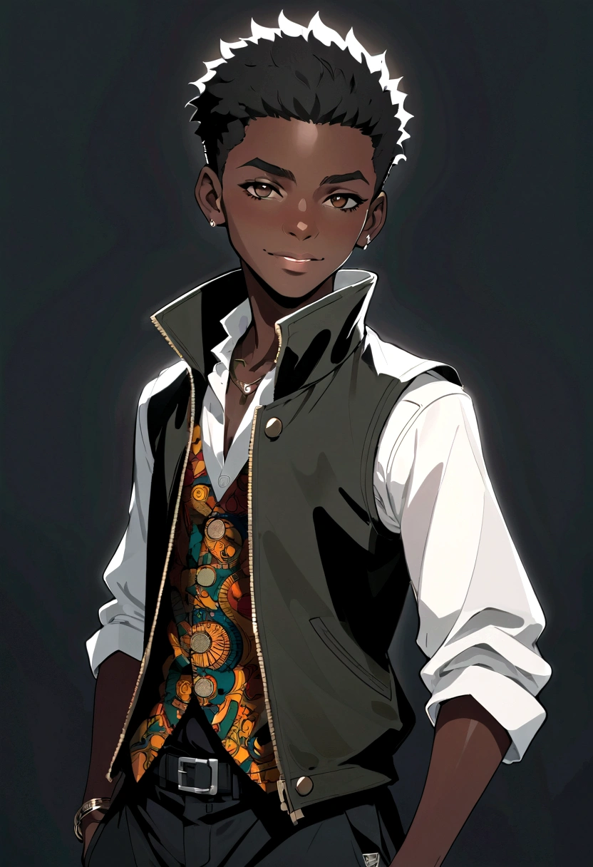 African boy full body in anime style:1.2, Shaped with strength and sharp nails, Wearing an African vest jacket and black pants, In a dark environment with high contrast. Soft face, There are multiple scars on both arms., There are no marks on the face, Smile.