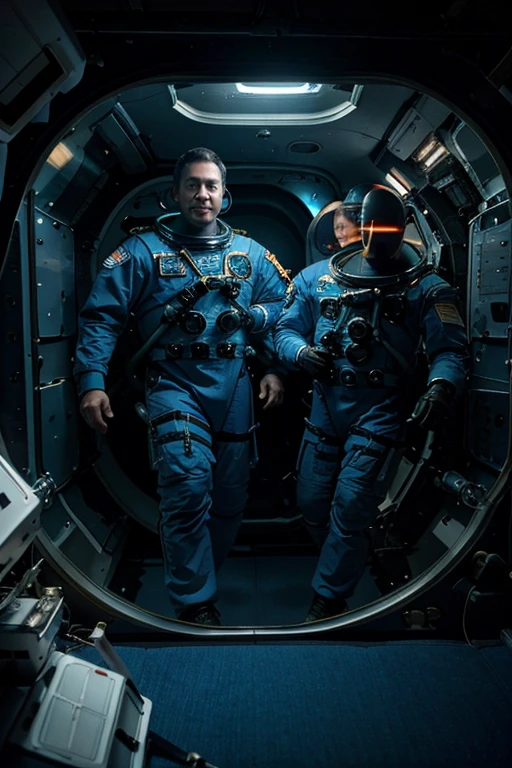 In the image we have 2 Astronauts in space uniform piloting a spacecraft, view inside the spacecraft. A humanoid robot is nearby helping.