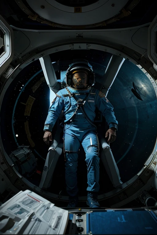 In the image we have 2 Astronauts in space uniform piloting a spacecraft, view inside the spacecraft. A humanoid robot is nearby helping.