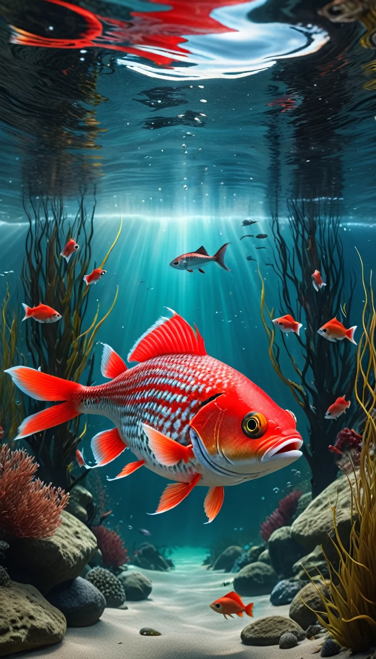 Panorama，There is a red fish in the water，Has a human-like face，Mysterious Creatures, shrike, (best quality，4K，8K，High level，masterpiece：1.2），Ultra Detailed，（lifelike，Photo real，Photo real：1.37），Highly detailed animals，Complex patterns，Realistic lighting，Fantasy Creatures