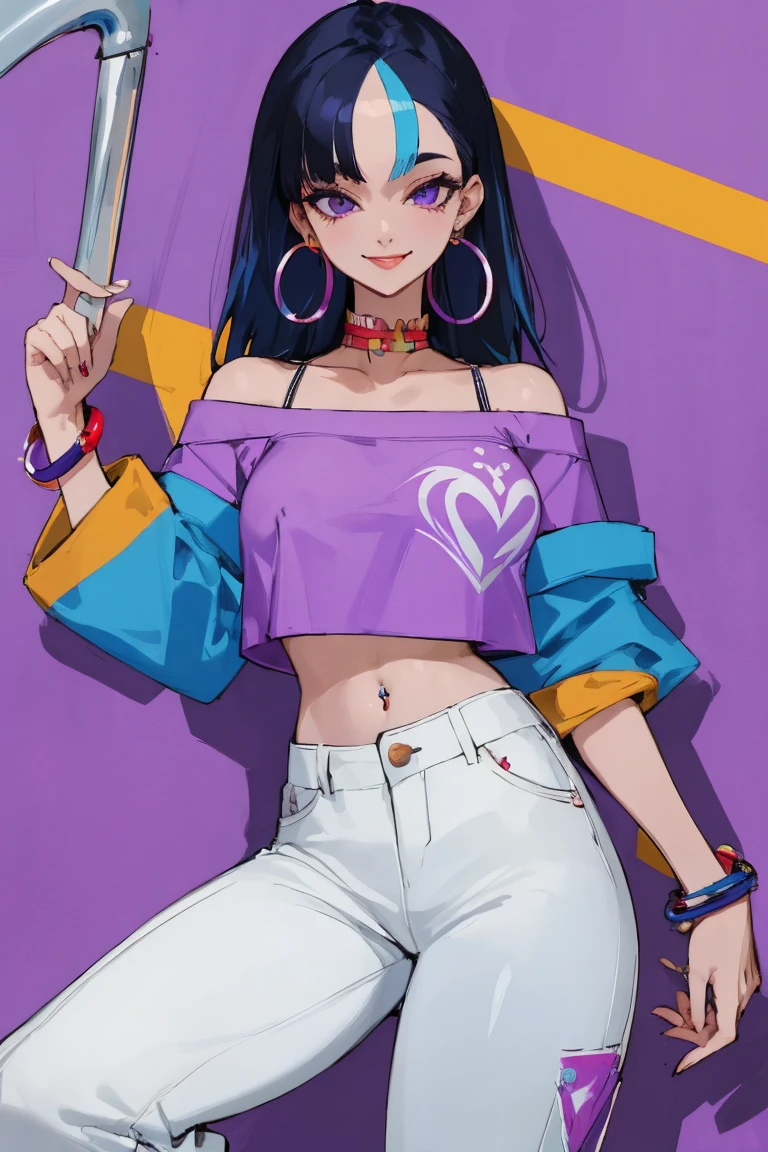 ((Highest quality)), ((masterpiece)), (be familiar with),woman, Black Hair, Blue Hair, Two-tone hair, Uterus tattoo, Purple Shirt,Crop top, Off the shoulder, White pants, Hoop Earrings, smile,Erect nipples