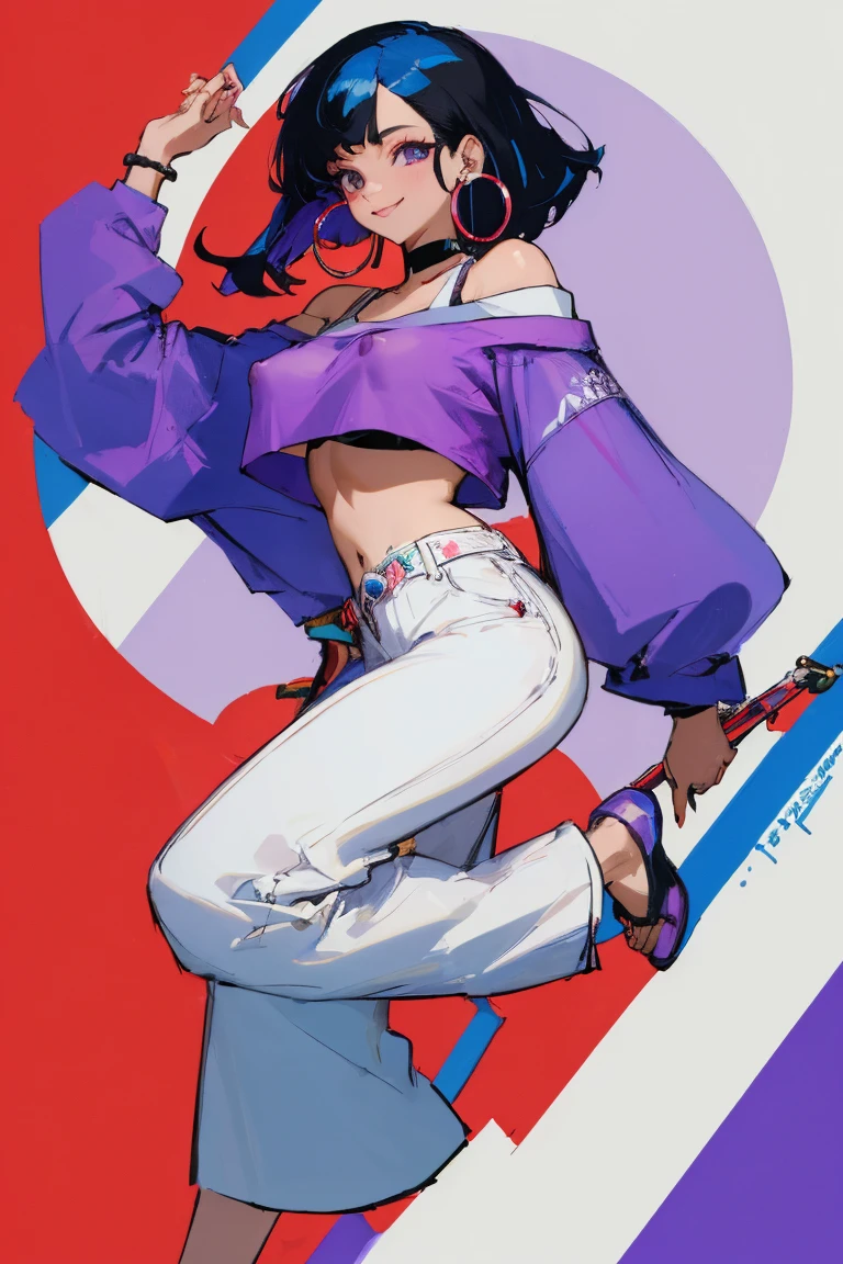 ((Highest quality)), ((masterpiece)), (be familiar with),woman, Black Hair, Blue Hair, Two-tone hair, Uterus tattoo, Purple Shirt,Crop top, Off the shoulder, White pants, Hoop Earrings, smile,????? nipples