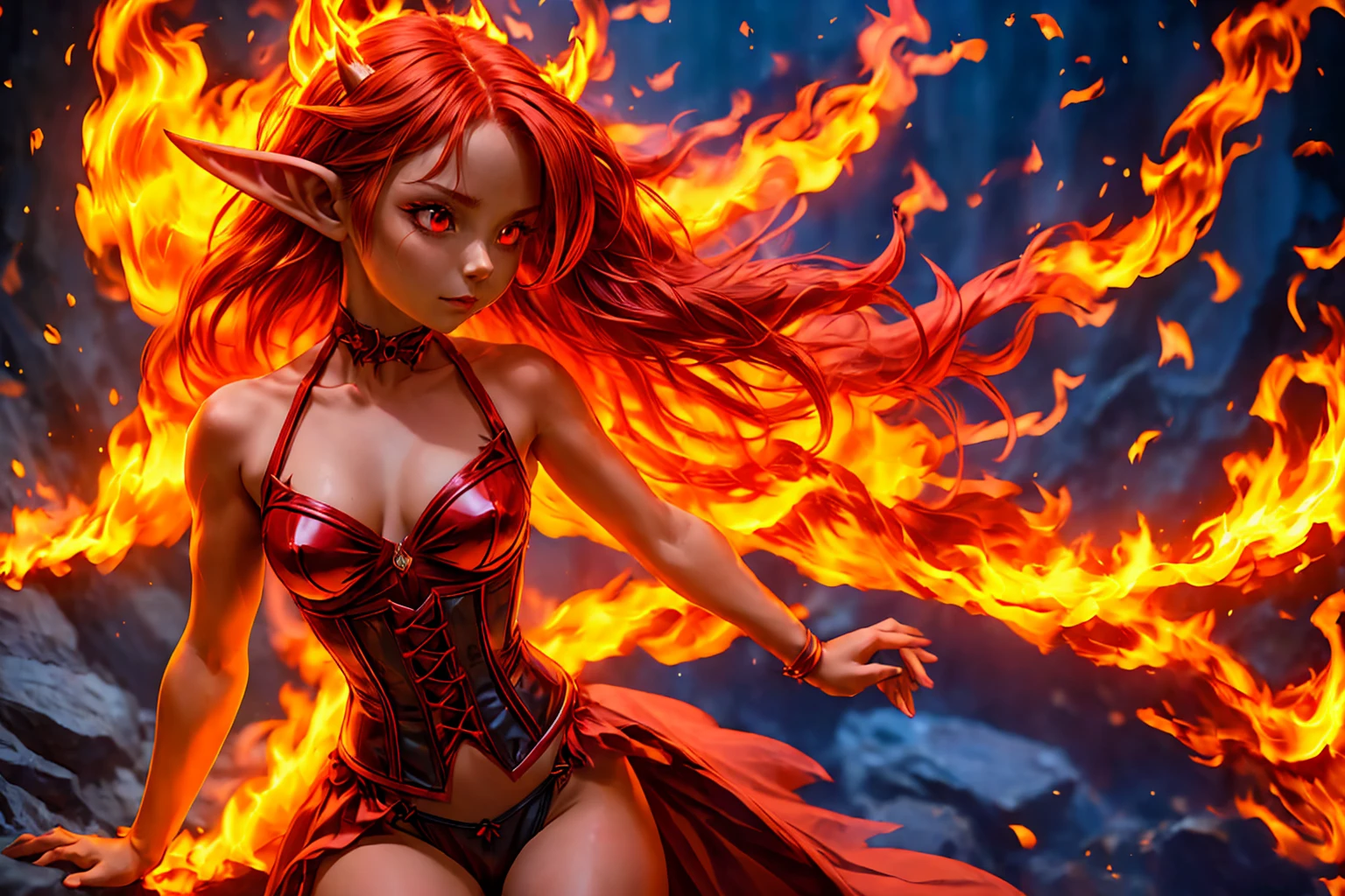 solo, 1girl, ((best quality)), ((masterpiece)), (detailed), 4k, very small red goblin girl, red skin, pointy ears, long straight red hair on fire, bright red eyes, wearing black and red corset and panties, small horns on head, sexy, cute, turned on, wants sex, on fire