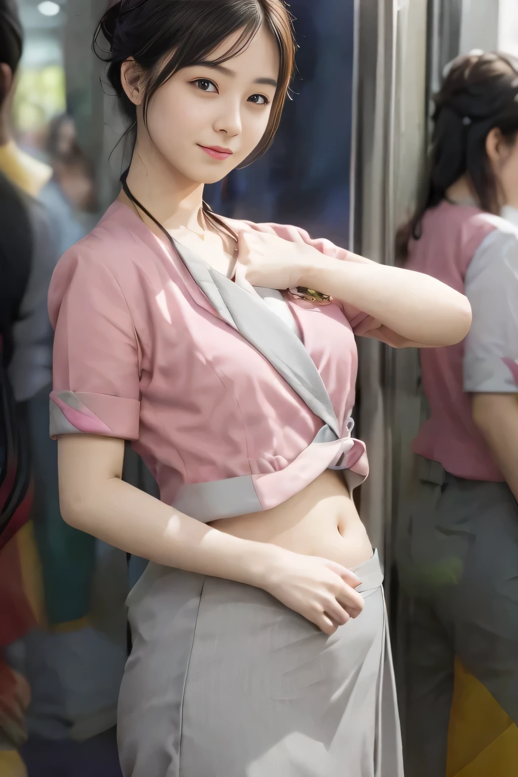 Showing your belly button、(masterpiece:1.2, Highest quality:1.2), 32k HDR, High resolution, (alone、1 girl)、 (Height: 160cm)、(On the rooftop of a building in the daytime、Professional Lighting)、Building rooftop background、(Nankai train crew uniform pinkを着たリアルスタイル)、(Nankai train crew uniform pink short sleeve collarless pink jacket、Nankai Train Crew Uniform Pink Collarless Short Sleeve Blouse、Nankai Train Crew Uniform Pink Grey Knee-length Culottes)、(The pink jacket is showing from the culottes.)、Dark brown hair、(Hair tied up、Hair tied up、Evening curly hairstyle)、Dark brown hair、Long Shot、Big Breasts、Thin legs、((Great hands:2.0)),((Harmonious body proportions:1.5)),((Normal limbs:2.0)),((Normal finger:2.0)),((Delicate eyes:2.0)),((Normal eyes:2.0)))、smile、(Nankai Train Crew Uniform Pink Grey Knee-length Culottesを見せた美しい歩く姿)、Place your hands around your stomach