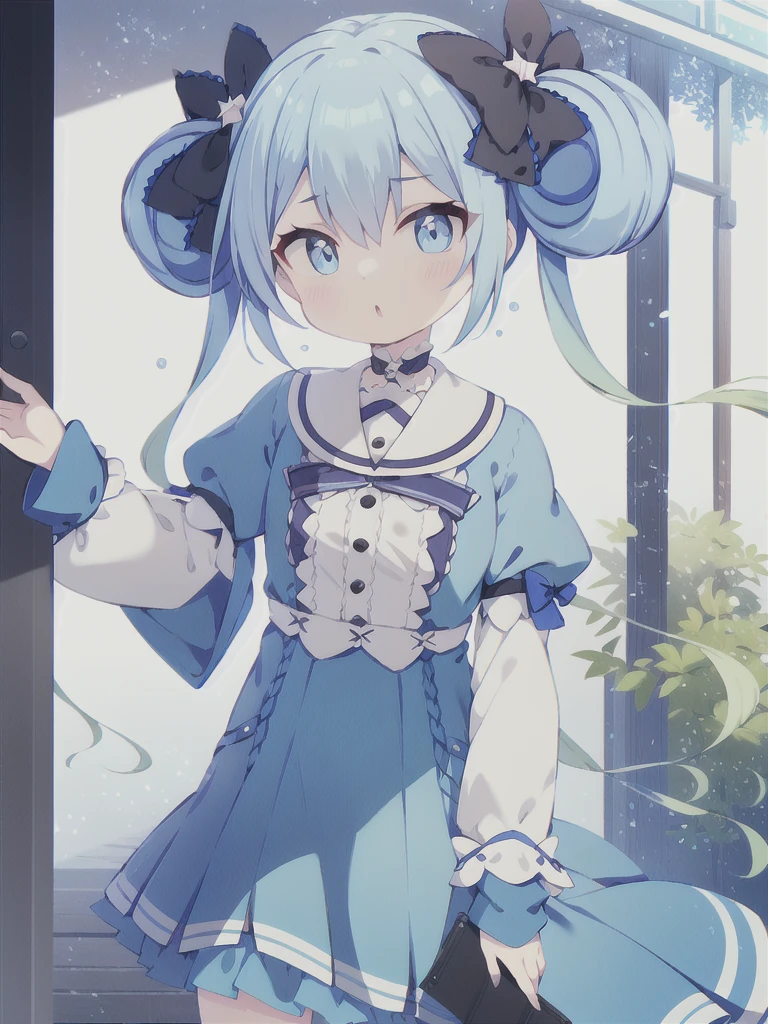 Blue Hair, Twin tails, Hair between the eyes, 紫のhair bow, eyebrows visible through hair,