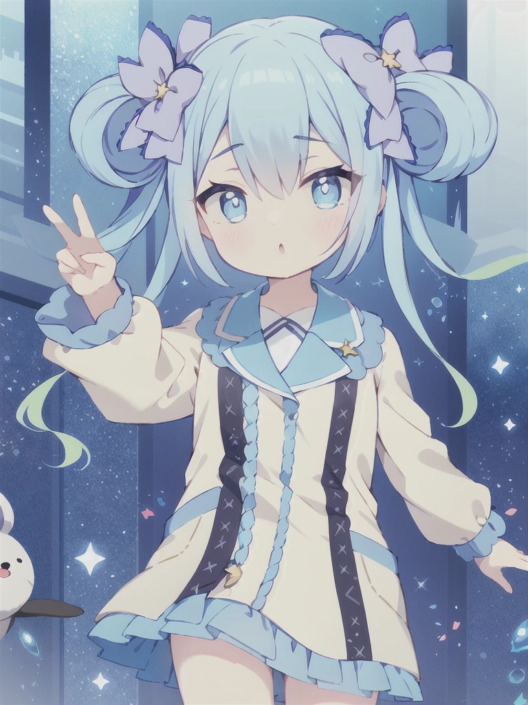 Blue Hair, Twin tails, Hair between the eyes, 紫のhair bow, eyebrows visible through hair,
