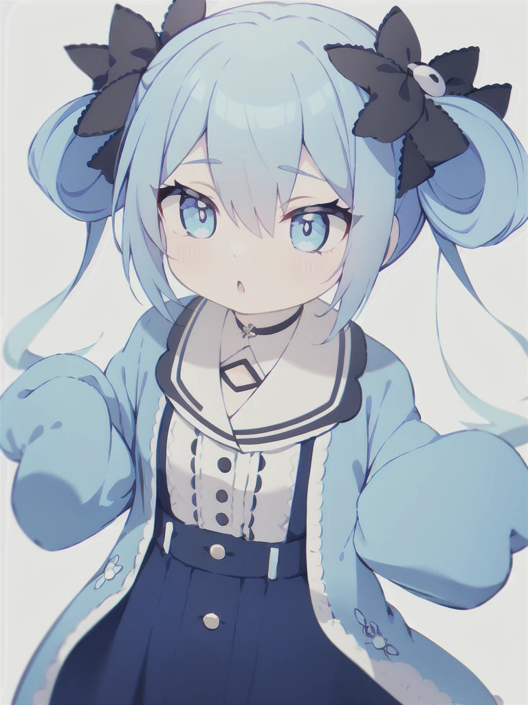 Blue Hair, Twin tails, Hair between the eyes, 紫のhair bow, eyebrows visible through hair,