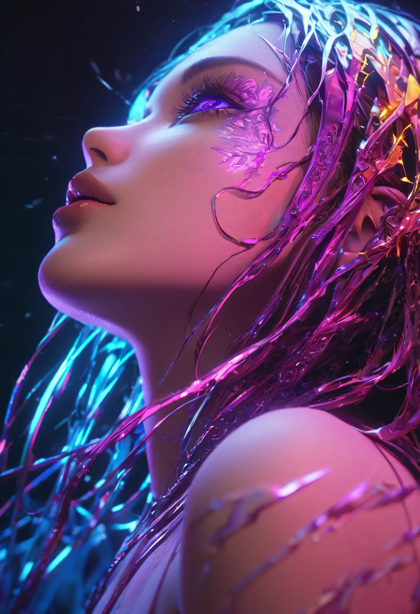 cyborg woman, 1girl, glowing tubes, surreal surrealistic dreamlike masterpiece award winning extraordinary detailed work by chang kitchin vaporwave dystopian extremely detailed highly detailed futuristic cleveland ohio cinematic rim lighting octane rendering,
1girl, beautiful detailed eyes, beautiful detailed lips, extremely detailed face and eyes, long eyelashes, metal bikini
naked, floating on her back in water, bright glowing digital eyes., long rainbow hair
intricate, mesmerizing, captivating, surreal, bizarre, unsettling, ethereal, moody, atmospheric, cinematic lighting, volumetric lighting, dramatic shadows, intricate details, photorealistic, 8k, best quality, hyper detailed, sharp focus,
vibrant colors, vivid colors, sexy, seductive, alluring. Electricity in the air, bold, powerful, goddess