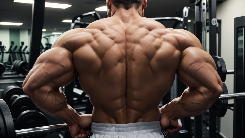 A standing bodybuilder showing his muscular and defined back after making a workout in a gym ambient