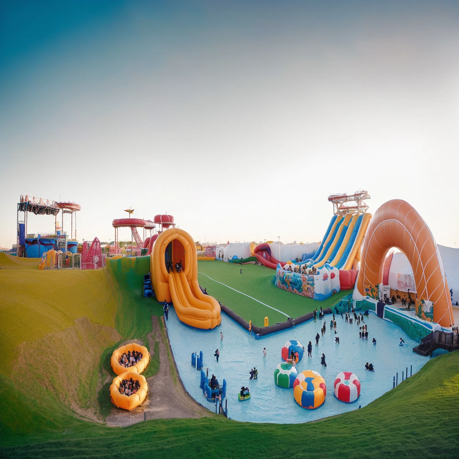 there are many people walking around a large inflatable slide, digger land amusement park, inflatable, fantasy land, amusement park attractions, softair center landscape, softair arena landscape, recreation, theme park, amusement park, warm and joyful atmosphere, children's, water park, having a great time, dubai, inflateble shapes, fantasy village