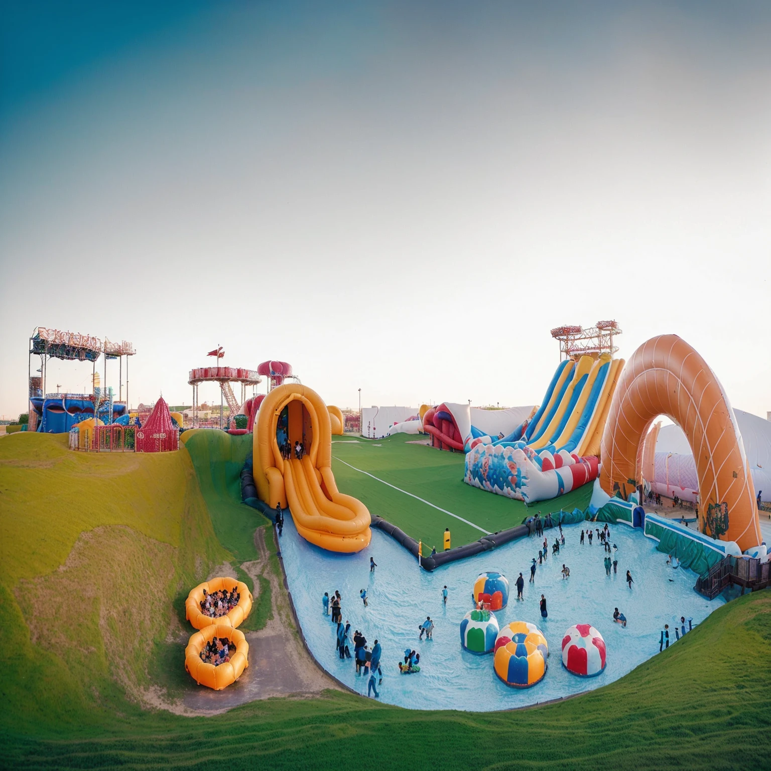 there are many people walking around a large inflatable slide, digger land amusement park, inflatable, fantasy land, amusement park attractions, softair center landscape, softair arena landscape, recreation, theme park, amusement park, warm and joyful atmosphere, children's, water park, having a great time, dubai, inflateble shapes, fantasy village