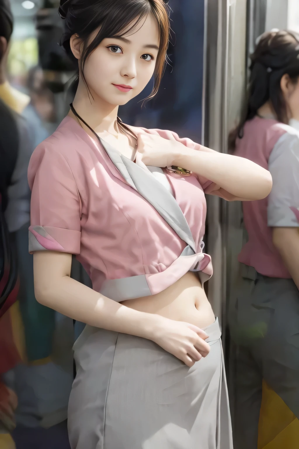 Showing your belly button、(masterpiece:1.2, Highest quality:1.2), 32k HDR, High resolution, (alone、1 girl)、 (Height: 160cm)、（On the rooftop of a building in the daytime、Professional Lighting）、Building rooftop background、（Nankai train crew uniform pinkを着たリアルスタイル）、（Nankai train crew uniform pink short sleeve collarless pink jacket、Nankai Train Crew Uniform Pink Collarless Short Sleeve Blouse、Nankai Train Crew Uniform Pink Grey Knee-length Culottes）、（The pink jacket is showing from the culottes.）、Dark brown hair、（Hair tied up、Hair tied up、Evening curly hairstyle）、Dark brown hair、Long Shot、Big Breasts、Thin legs、（（Great hands：2.0）），（（Harmonious body proportions：1.5）），（（Normal limbs：2.0）），（（Normal finger：2.0）），（（Delicate eyes：2.0）），（（Normal eyes：2.0））)、smile、（Nankai Train Crew Uniform Pink Grey Knee-length Culottesを見せた美しい歩く姿）、Place your hands around your stomach