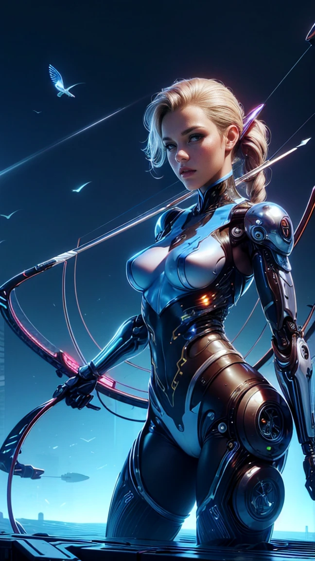 top quality, future world, State-of-the-art robot, Beautiful Woman, flying hair, (Transformed into a cyborg except for the face), sexy images, whole body photo, ((archer, bow, arrow))