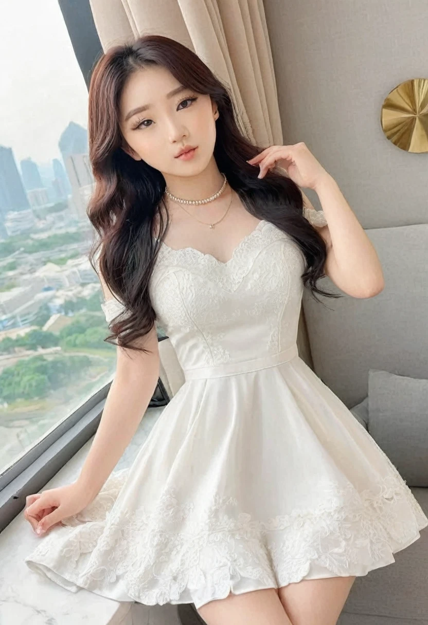 ((Best high quality:1.2)), (8k), extremely detailed, ((High detail:1.2)), (HotLexi woman), Solo, ((24 years old pretty perfect Korean Ulzzang female:1.4)), (tight and short dress),