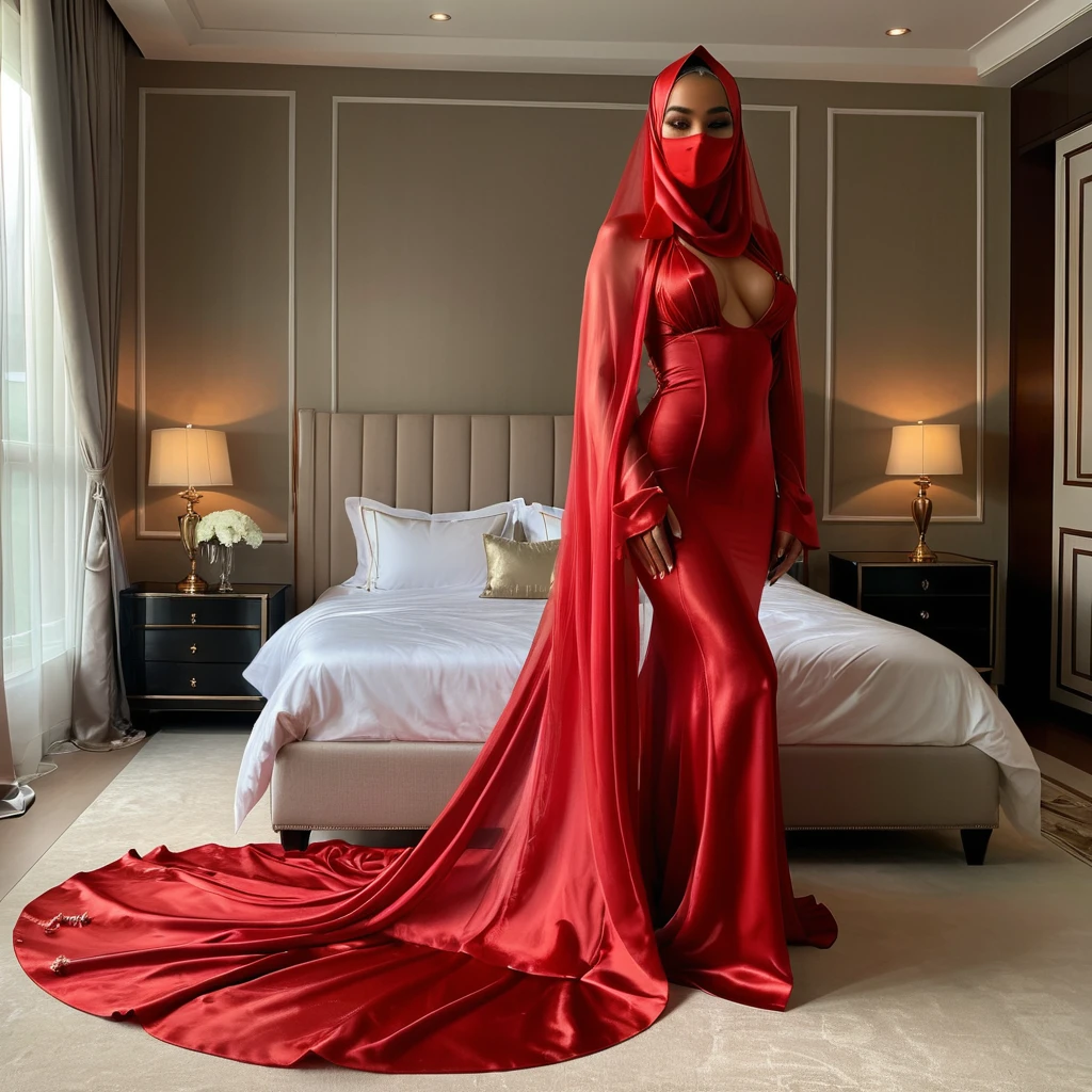 a woman in the translucent silk red gown, tight full body tied, satin sheet, nipple on with nipple piercing, wearing translucent veils, face cover with satin veil, satin hijab, full body, long satin,mermaid tight long gown, flowy dramatic long gown, tall women, satin bed, strugle to walk, wear high heels, satin bed, masterpice 