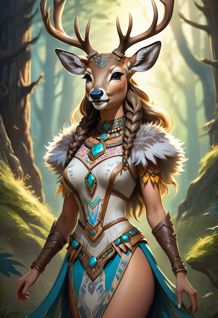 Create an illustrated, hand-drawn, full-color image of an anthropomorphic deer women. The artwork should be rendered in the style of "Breath of the Wild," featuring warm lighting and shadows. Include graphite shading, stencil marks, and airbrushed acrylic paint effects. dress. The image should be of the highest quality, a masterpiece with intricate details. The deer women should have a female, humanoid, furry appearance with grey skin. She should have luscious lips, a wide smile, and bright, expressive eyes, exuding beauty, cuteness, and adorableness. Ensure the image is high resolution and sharply detailed, with a detailed and vibrant background. Incorporate mystical lighting in the background, creating a romantic and enchanting atmosphere.
