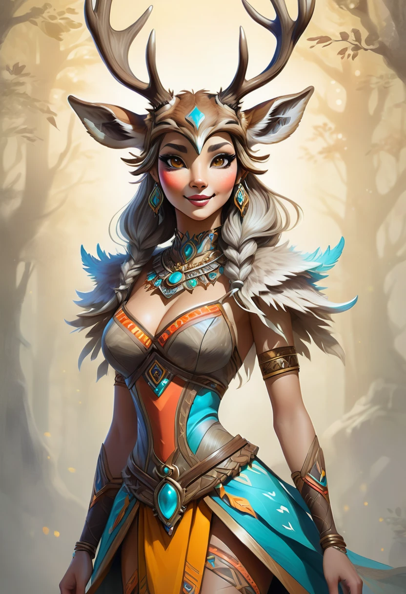 Create an illustrated, hand-drawn, full-color image of an anthropomorphic deer women. The artwork should be rendered in the style of "Breath of the Wild," featuring warm lighting and shadows. Include graphite shading, stencil marks, and airbrushed acrylic paint effects. dress. The image should be of the highest quality, a masterpiece with intricate details. The deer women should have a female, humanoid, furry appearance with grey skin. She should have luscious lips, a wide smile, and bright, expressive eyes, exuding beauty, cuteness, and adorableness. Ensure the image is high resolution and sharply detailed, with a detailed and vibrant background. Incorporate mystical lighting in the background, creating a romantic and enchanting atmosphere.
