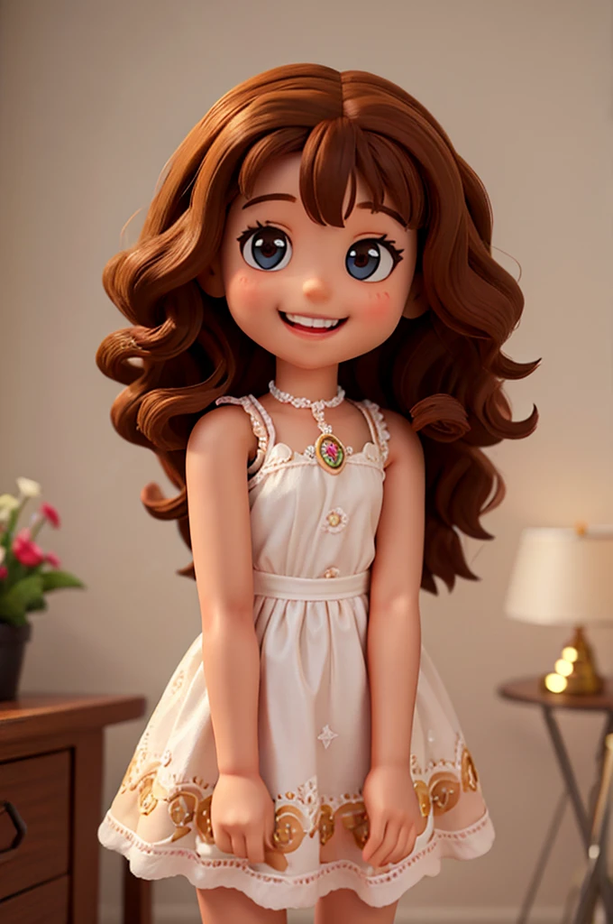 4 girl, shoulder length curly hair, brown, olhos brown e brilhantes, happy and smiling, very smart. with your doll