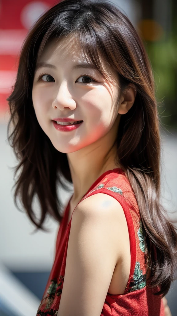 8K, Ultra-high resolution，protrait photo，Real light and shadow，Woman wearing red and black Chinese cheongsam，Posing for photos,Korean women around 30 years old，Beautiful Korean model, Beautiful lady, Asian woman, Beautiful Korean woman, Wearing red cheongsam，Chubby body, Female sexiness, Chubby face, beautiful eyes,Medium-sized breasts,Slightly curly light brown hair，Shoulder length，Showing your teeth and smiling