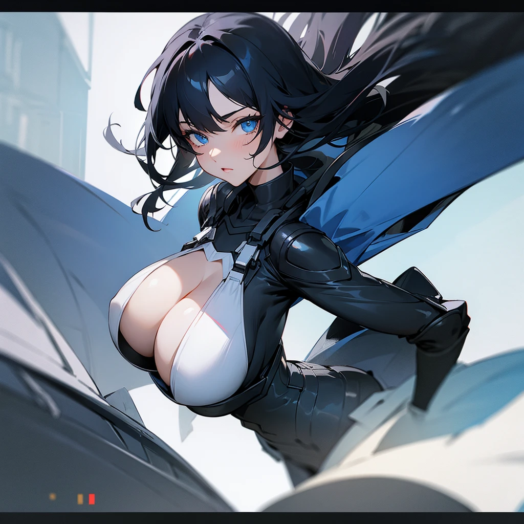black haired girl,blue eyes,Wearing an English death suit,big breasts