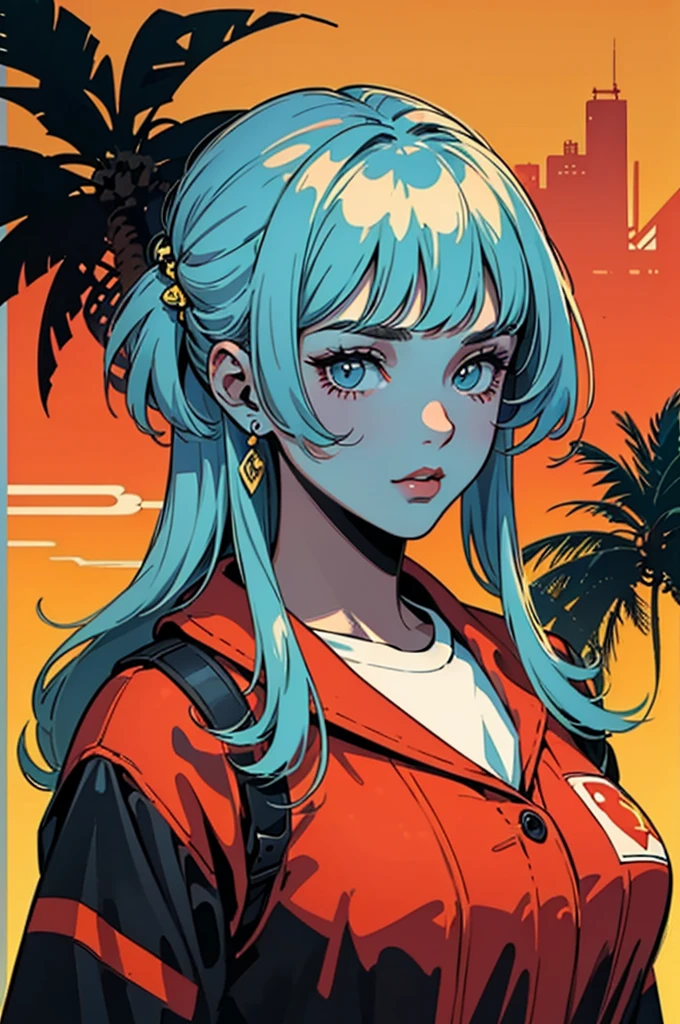 retro girl, Miami, sunset, Ferrari, palm tree, 90's, (flat colors, flat texture, lineart:1.2), graphical design, (heavy ink, ink blacks),
