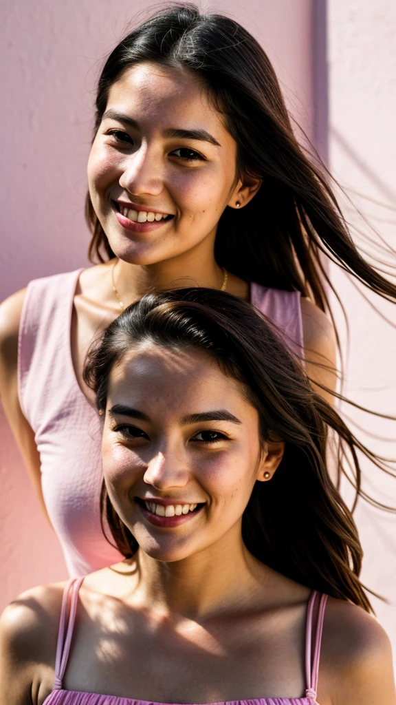 RAW photo, face portrait photo of beautiful 26 y.o woman, cute face, wearing pink dress, happy face, hard shadows, cinematic shot, dramatic lighting