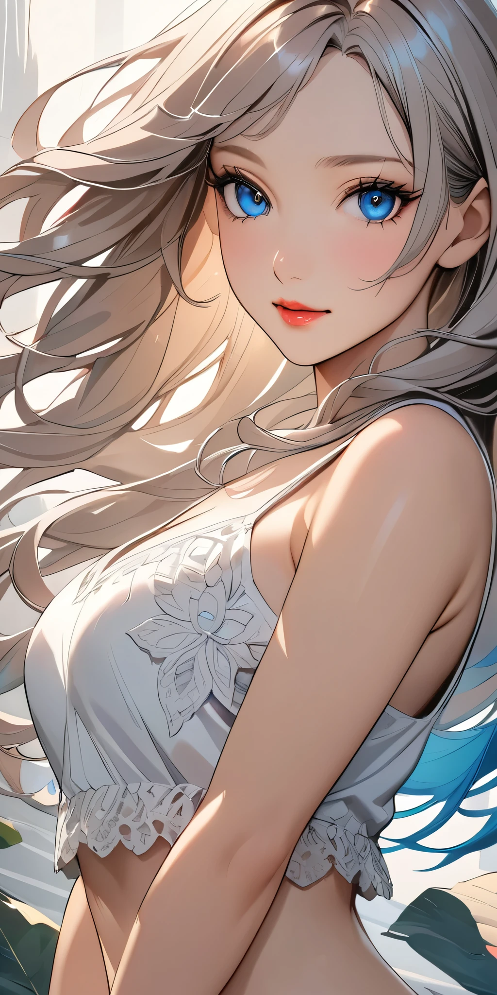 elegant young woman with long silver hair and vibrant blue eyes, wearing a short white camisole and cropped shirt, detailed face and body, beautiful detailed eyes, beautiful detailed lips, extremely detailed eyes and face, long eyelashes, illustration, anime style, highly detailed, 8K, photorealistic, masterpiece, vivid colors, soft lighting, delicate skin, flowing hair, detailed fabric textures, intricate details, dynamic pose