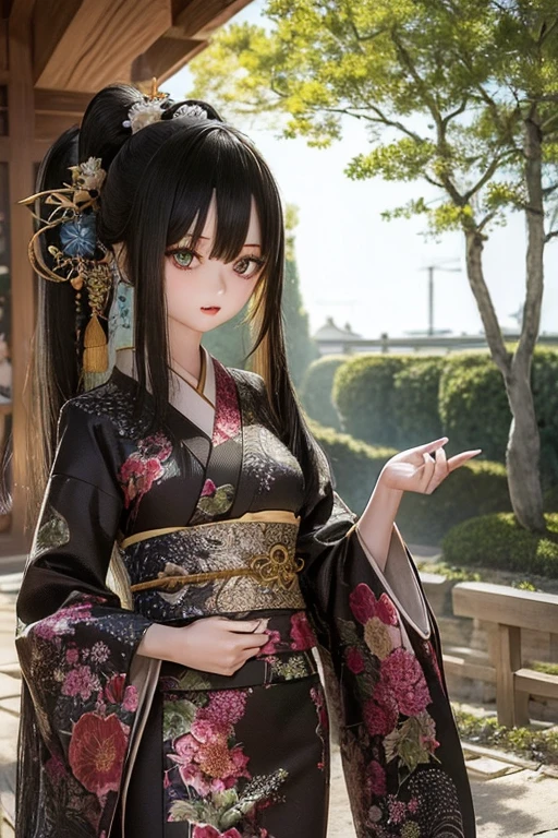 photorealistic, realistic photo, ((highest quality)), ((masterpiece)), (extremely detailed), kukolnydom, doll, (mature woman, 22yo, 22 years old:1.6), solo, ((cowboy shot, standing, hands on stomach, skinny, slender, slim)), green eyes, (black hair, long hair, looking at another, almond eyes, blank eyes, empty eyes, detailed eyes, detailed face:1.3), long kimono, hair ornament, Japanese garden, 8k