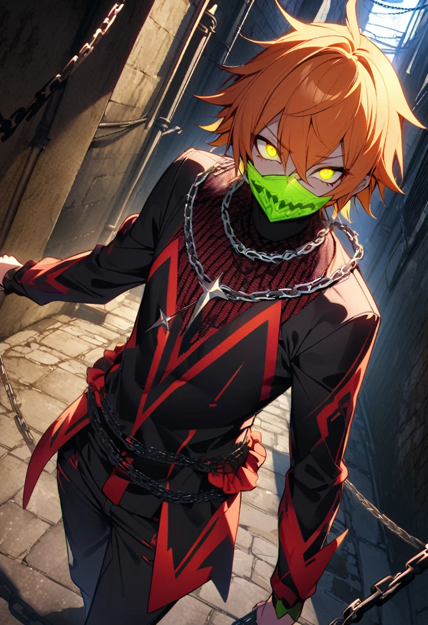 Orange Hair、Yellow-green eyes、male、Tall、Black clothing、Chain of chains、Long sleeves and pants、Red Mesh、Dark Back Alley、Cover your mouth、Sharp Eyes、Glowing Eyes、Cool angle、Red Meshの入った服装、Flashy clothing、Fancy Necklace、