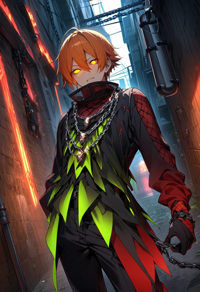 Orange Hair、Yellow-green eyes、male、Tall、Black clothing、Chain of chains、Long sleeves and pants、Red Mesh、Dark Back Alley、Cover your mouth、Sharp Eyes、Glowing Eyes、Cool angle、Red Meshの入った服装、Flashy clothing、Fancy Necklace、