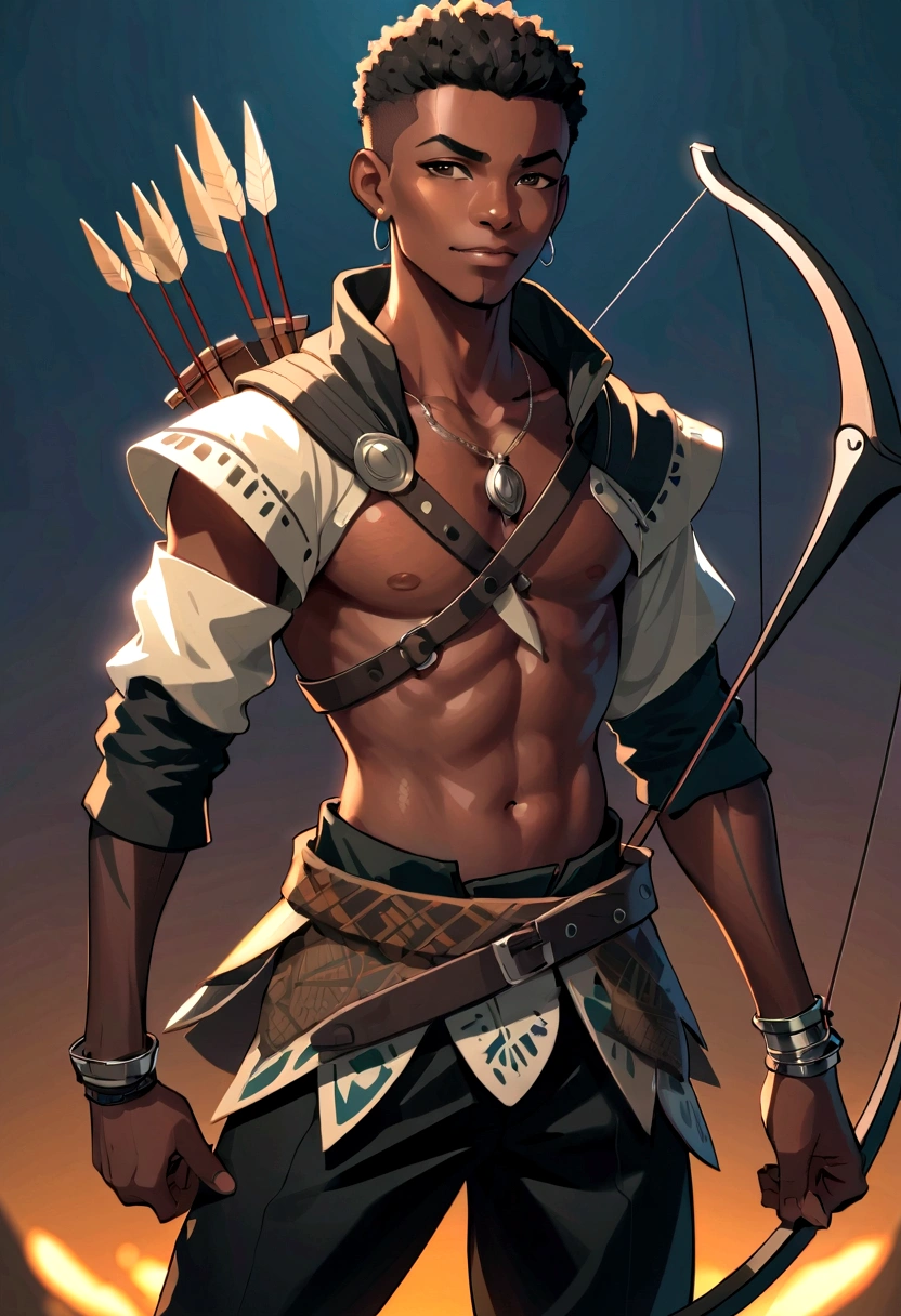 Anime style African archer boy full body:1.2, Shaped with strength and sharp nails, Wearing an African vest jacket and black pants, In a dark environment with high contrast. Soft face, There are multiple scars on both arms., There are no marks on the face, Smile.