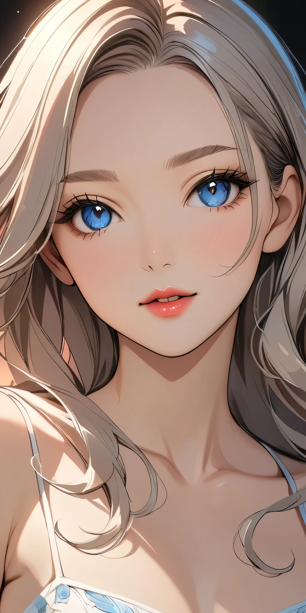 elegant young woman with long silver hair and vibrant blue eyes, wearing a short white camisole and cropped shirt, detailed face and body, beautiful detailed eyes, beautiful detailed lips, extremely detailed eyes and face, long eyelashes, illustration, anime style, highly detailed, 8K, photorealistic, masterpiece, vivid colors, soft lighting, delicate skin, flowing hair, detailed fabric textures, intricate details, dynamic pose
