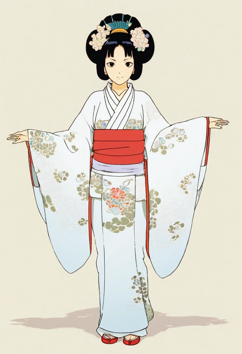 A Ghibli's studio character (2D). She have long black hair . She wears traditional oiran clothes dark. She seems cold and she have multiple arms