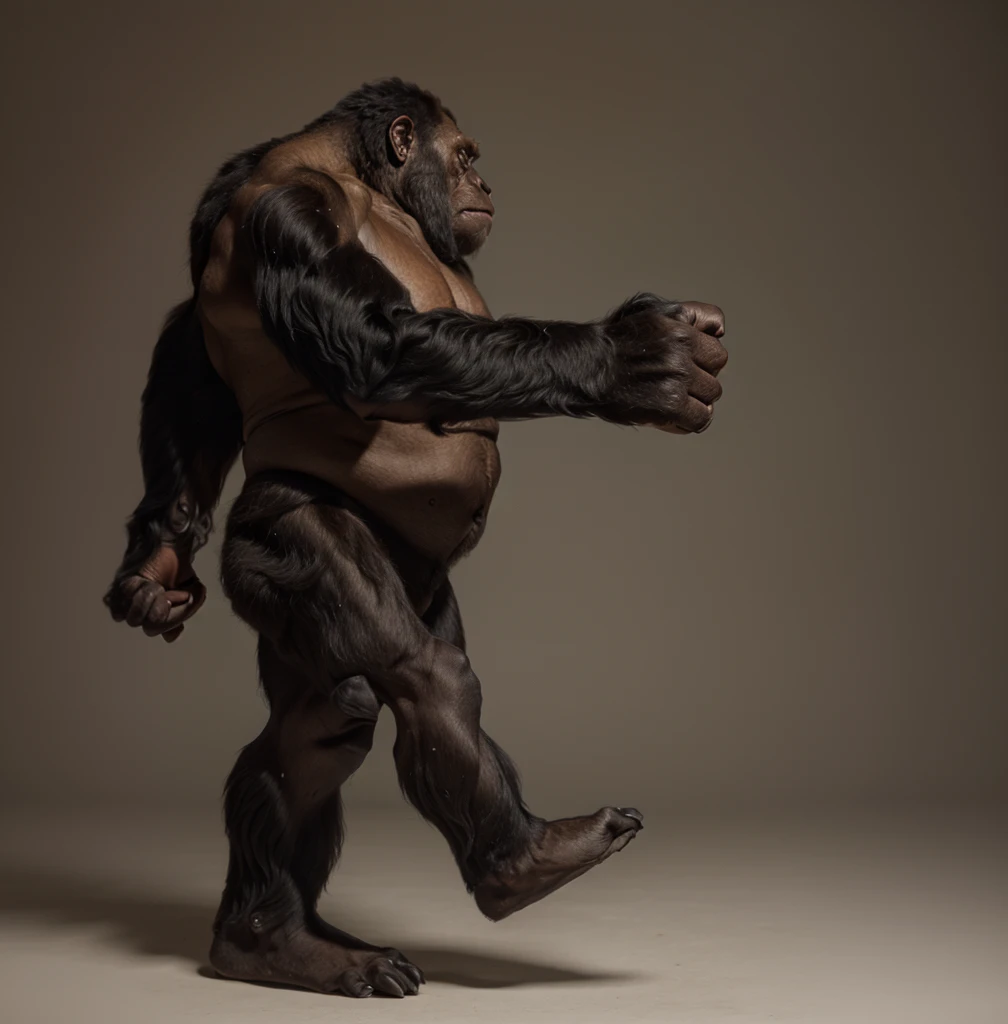 arafed gorilla standing on its hind legs with a white background, gorilla, hand in fist pose, distant full body view, bigfoot, big foot, full body wide shot, whole body highly detailed, like gorilla, sasquatch,muscular, strong body, full body profile, 1/2 view realistic, full body shot hyperdetailed, highly detailed full body, ( sasquatch, full body close-up shot
