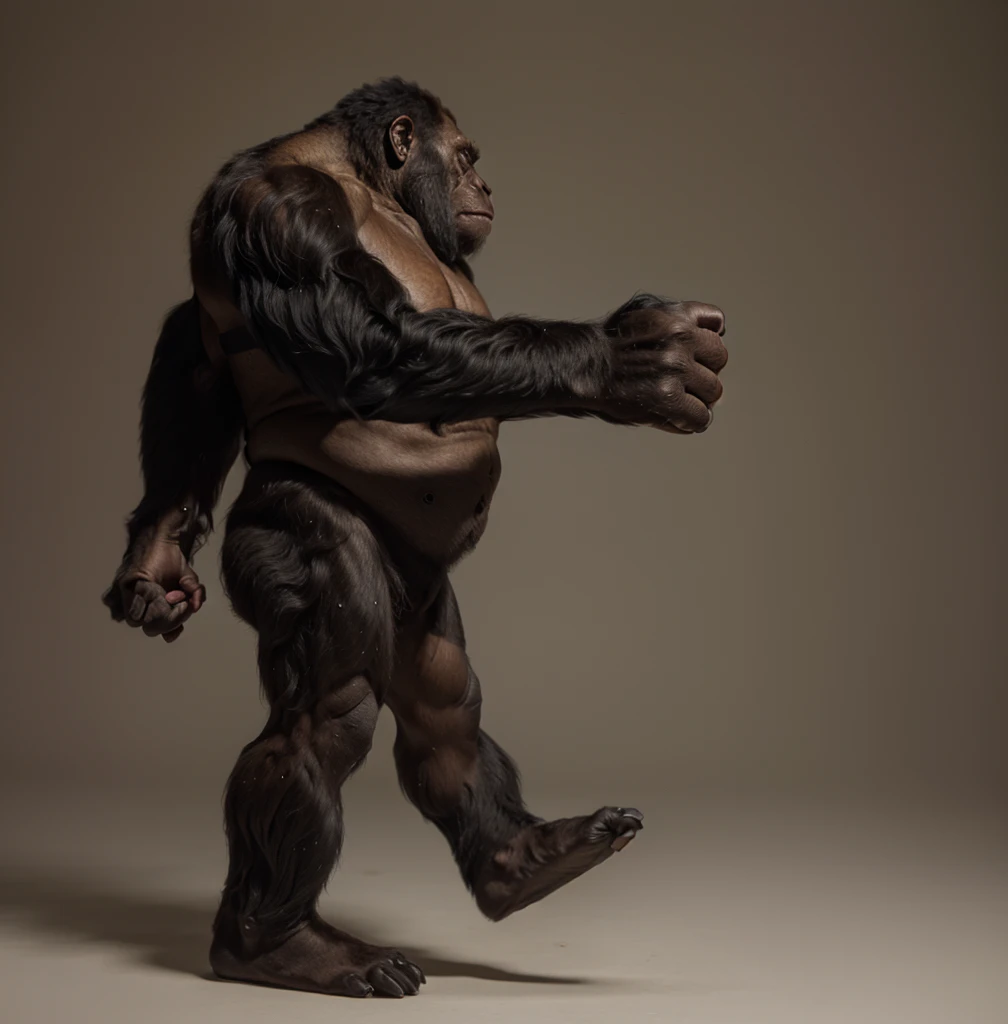 arafed gorilla standing on its hind legs with a white background, gorilla, hand in fist pose, distant full body view, bigfoot, big foot, full body wide shot, whole body highly detailed, like gorilla, sasquatch,muscular, strong body, full body profile, 1/2 view realistic, full body shot hyperdetailed, highly detailed full body, ( sasquatch, full body close-up shot