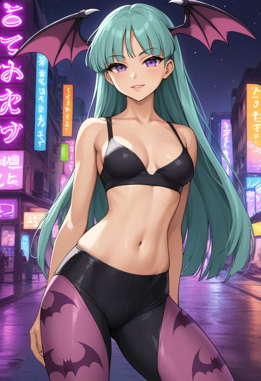 score_9, score_6_up, source_anime, rooftops, night city, neon lights, slim body, Slender legs, slim hourglass figure body type, average breasts size, ((purple_multicolor_hair)), purple_eyes
BREAK 
[[[Morrigan_Aensland]]] 
BREAK 
black sports bra, black yoga pants, seductive smile, looking at viewer