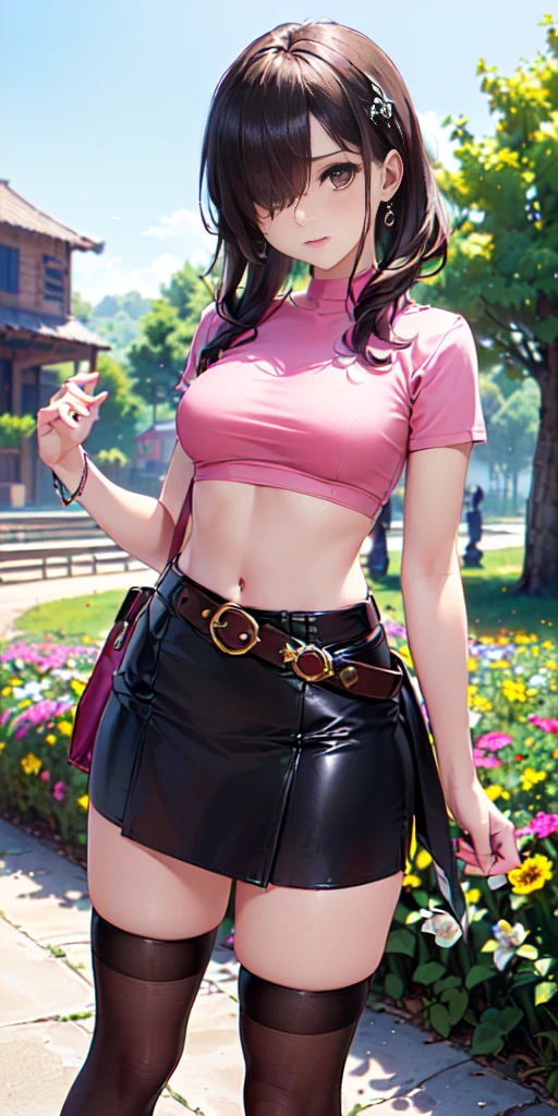 (((obra maestra, mejor calidad, highres, hmeliza, 1girl, hair over one eye, jewelry, single thighhigh, midriff, black skirt, asymmetrical legwear, pink shirt , hot girl, black thighhighs, belt, miniskirt, standing, cowboy shot, outdoors, filed, flower ))),(((90% )))