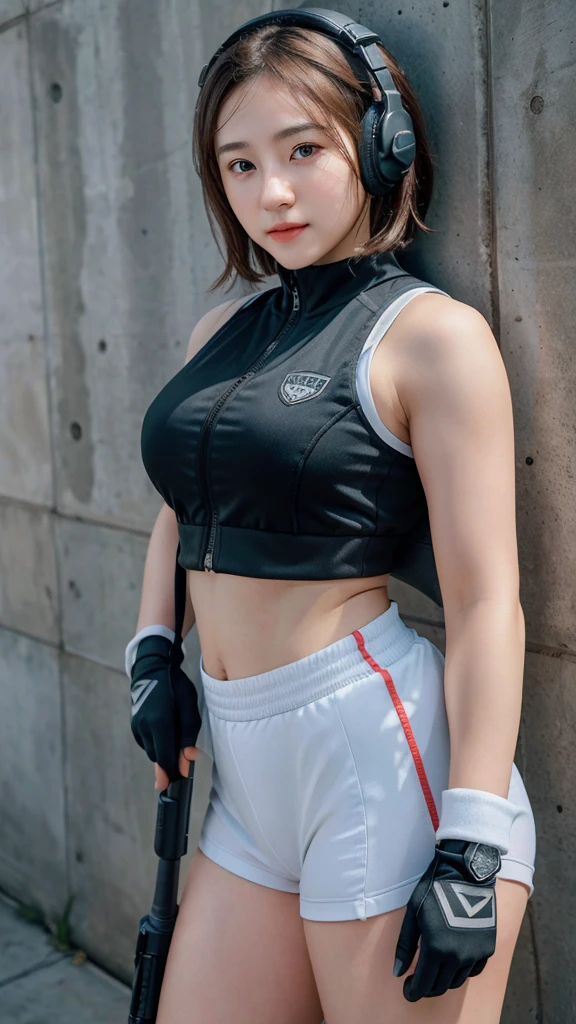 ((best quality)), photorealistic, photorealism, Photorealistic, high resolution, 1girl aiming with an assault rifle, Beautiful, , 20 Years Old, White Skin, pale skin, Large Breasts, Combat pose, looking at the camera, (Detailed face), short hair, sexy body, (wearing sport outfit, tactical vests, military harness, black gloves, high-tech headset), revealed thigh, Gun, Fingers are occluded, concrete wall background,