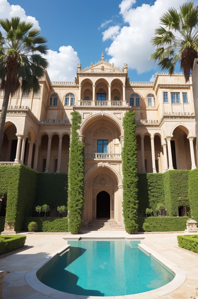 A big palace with 4 floors and many palm plantes